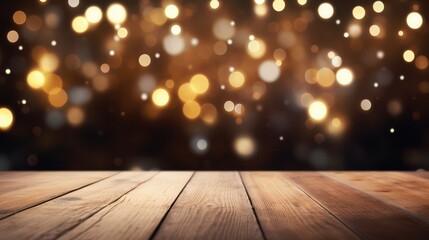 An empty wooden tabletop adorned with softly blurred golden light particles, serving as a template for product displays. Christmas and New Year theme
