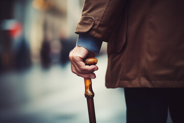 old man holding walking stick close up of hand, back view on street - obrazy, fototapety, plakaty