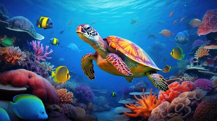 Fototapeta premium Photo of turtles swimming on Coral reefs in shallow seas, filled with marine plants and beautiful ecosystems 