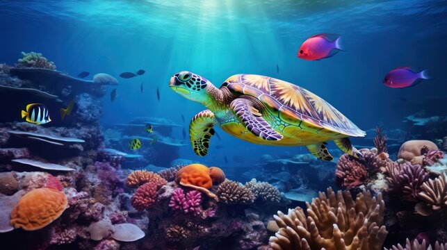 Photo of turtles swimming on Coral reefs in shallow seas, filled with marine plants and beautiful ecosystems
