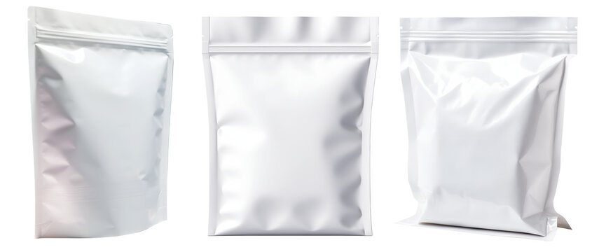 Collection set of front side view blank sealed foil doypack stand-up pouch on transparent background cutout, PNG file. Mockup template artwork graphic design. 