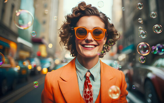 Caucasian young businesswoman in colorful orange suit and sun glasses is smiling and happy in bubbles on street