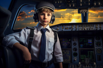 Generative AI illustration of a cute little boy dressed as an aviation pilot in the cockpit at the controls of an airplane.
