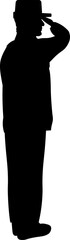 Silhouette of soldier side view giving military salute at parade dedicated to Veterans Day. Black outline of full length soldier in uniform. Simple black and white vector isolated on white background
