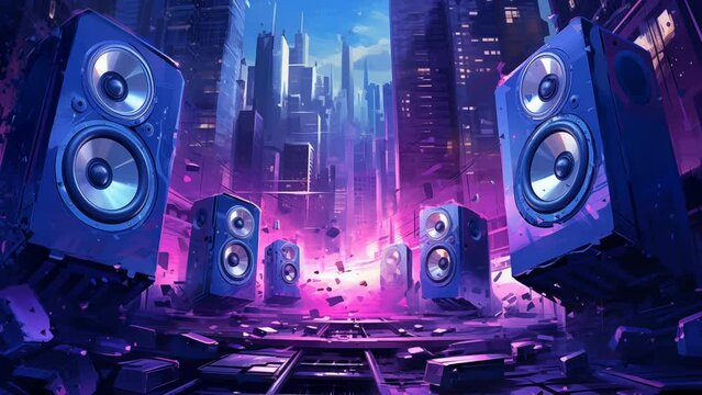 Music on urban city with neon color music background. 4k loop animation