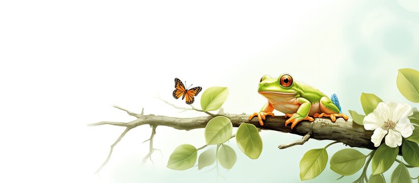 Closeup of white lipped tree frog and butterfly on branch with green leaves.