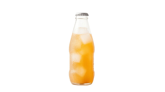 A bottle of orange soda with ice cubes on top, refreshing and perfect for a hot summer day, isolated in the image