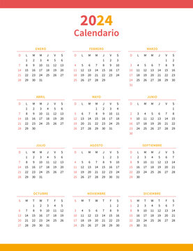 Spanish calendar planner for 2024. Annual Vertical template vector illustration. Full months for wall calendar. Spanish language, week starts from Sunday.