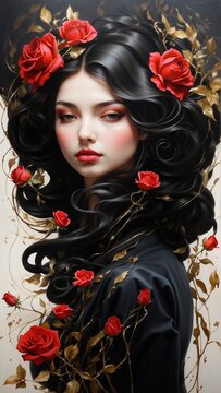 Illusion: portrait of a charming romantic girl standing among roses against the background of a Gothic style painting. Generative AI