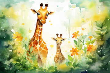cute watercolor illustration for kids room  with two giraffes in the jungle