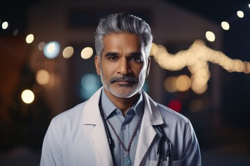 Senior Doctor's Poised Gesture. Hospital Corridor Portrait