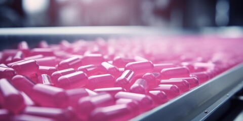 A detailed close-up view capturing the production and packing process of pink pills in a modern pharmaceutical factory. - obrazy, fototapety, plakaty