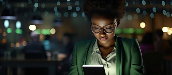 A Nigerian woman in a dark office is using a tablet for business-related tasks at night, such as meeting deadlines and conducting online research, as well as engaging in social media and internet - obrazy, fototapety, plakaty