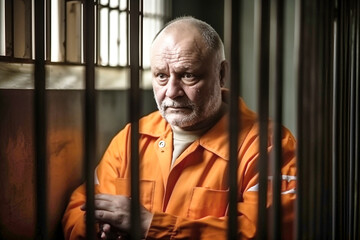 A middle-aged prisoner in an orange uniform sits in a prison cell. The criminal serves his sentence in a prison cell. A prisoner behind bars in a prison or detention center. - obrazy, fototapety, plakaty