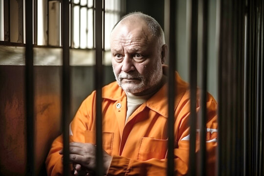 A middle-aged prisoner in an orange uniform sits in a prison cell. The criminal serves his sentence in a prison cell. A prisoner behind bars in a prison or detention center.