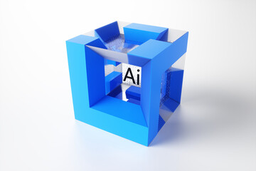 Close-up of a chat bot concept in a futuristic cube on a white background. 3d rendering illustration