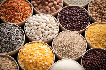 Deurstickers Assorted different types of beans and cereals grains. Set of indispensable sources of protein for a healthy lifestyle. Quality food. Healthy eating concept. © Anoo