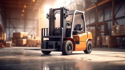 A forklift lifts cargo onto racks in an industrial warehouse. Forklift for warehouse and industry.