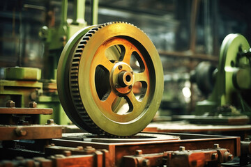 Photo of a detailed shot of a rotating wheel on a manufacturing conveyor belt. Modern metal processing at an industrial enterprise. Manufacturing of high-precision parts and mechanisms. - obrazy, fototapety, plakaty