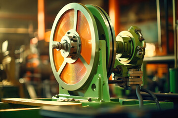 Photo of a detailed view of industrial machinery in a manufacturing plant. Modern metal processing at an industrial enterprise. Manufacturing of high-precision parts and mechanisms.