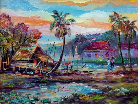 Original Oil painting Fine art Thailand Countryside	