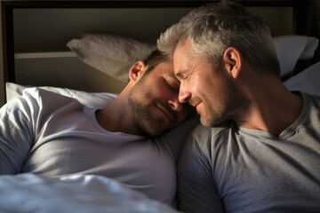 Couple of spirit men in love in the morning in bed. LGBT concept. Love and romance of two people. Tenderness and relaxation. Happy morning for gay lovers.