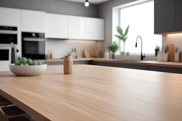 Fototapeta na wymiar Sleek Interior Showcase: Blurred Kitchen Table for Product Photography