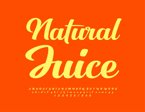 Vector Bright Label Natural Juice. Stylish Cursive Font. Modern Alphabet Letters, Numbers and Symbols.