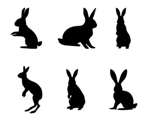 set of rabbit silhouettes on isolated background