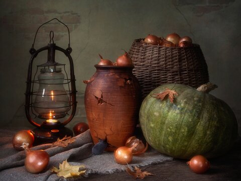 Still life with onion and pumpkin