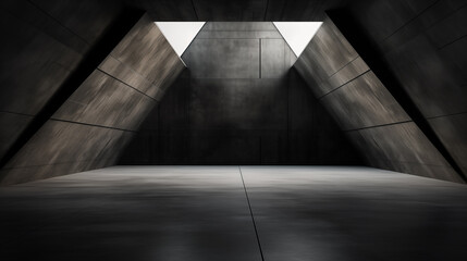 ai-generated, abstract interior angled design, closed structure, modern, empty dark black concrete floor, with dark gray tones, 8k