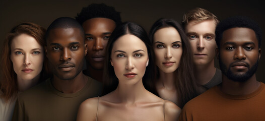 Obraz premium Group of diverse people standing together in a row against a wooden wall