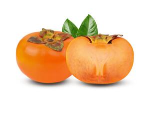 sweet ripe persimmons with leaf isolated on transparent