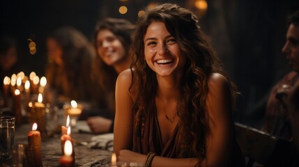A radiant young woman with curly hair and a beaming smile is the focal point at a candlelit gathering, her joy and laughter bringing warmth to the cozy, intimate setting.