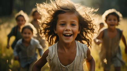 Poster A jubilant young girl with tousled hair joyously leads a group of children in a playful dash through a sunlit field. Her hair flies wildly around her, capturing the energy and movement of the moment. © Archil