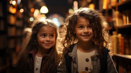 Obraz na płótnie Canvas Two young girls with radiant smiles and curly hair are standing side by side, their faces illuminated by the warm, ambient light of a cozy library setting.