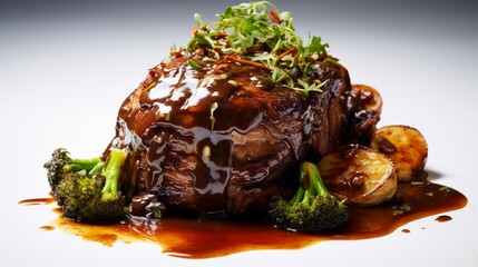 a succulent roast, drenched in rich and savory gravy, set against a pristine white background to highlight its culinary perfection.