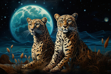 An original portrayal of cheetahs in a cosmic savannah, where the patterns on their fur mirror the constellations above.