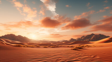 Stylized depiction of a desert scene with dunes and a setting sun.
