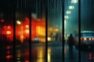 An abstract depiction of rain in a city using straight, vertical lines.