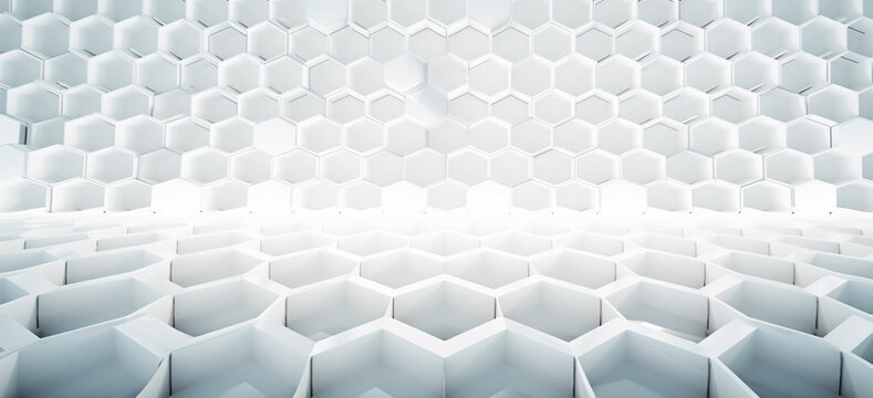 3d rendering of abstract white hexagons pattern background in virtual space