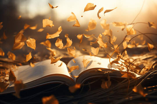 Stylized depiction of pages in an open book, fluttering in the wind.