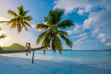 a couple of men and a woman sitting on a palm tree at Anse Volbert Beach Praslin Seychelles watching the sunset. couple hugging together on the beach - obrazy, fototapety, plakaty