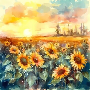 bright sunflowers  field in watercolor painting for wall art