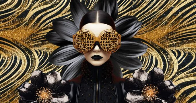 Fashion luxury model in black flower space. Stylish animation collage art