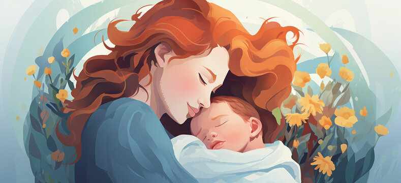 Mothers day greeting card Mother holding her baby in her arms.