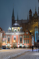  2023-02-04; winter. view of Basilica of St. Mary at night. Gdansk, Poland