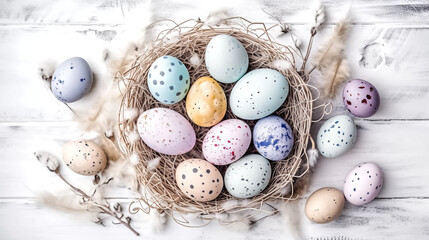 Fototapeta na wymiar colorful pastel easter eggs on white wooden bird nest