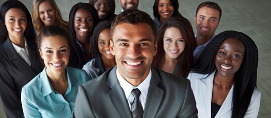 Diverse group encouraging attractive black businessman. - obrazy, fototapety, plakaty