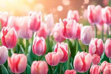 Spring background with beautiful pink and white tulips with bokeh.